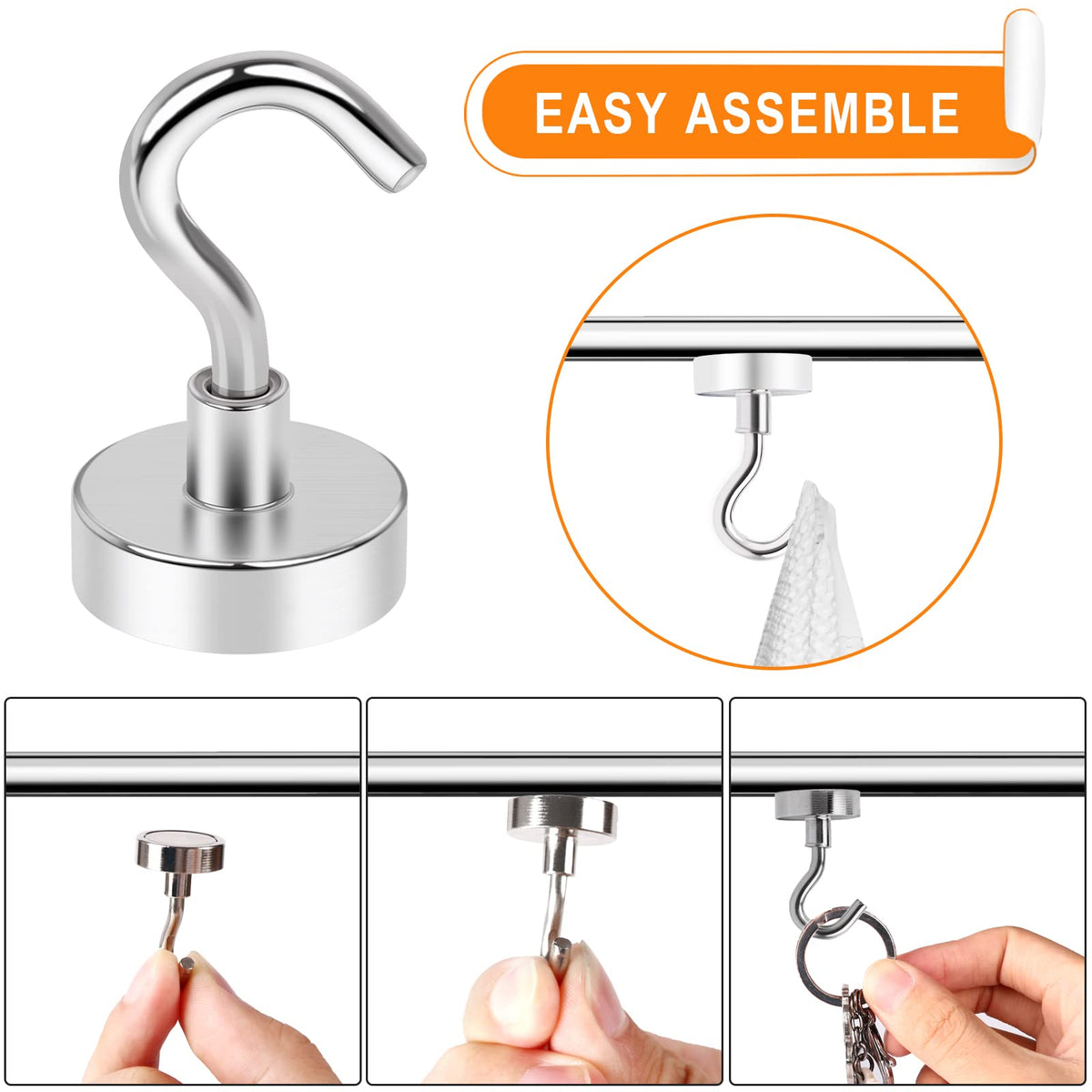 MIKEDE N52 Magnetic Hooks, Silver, 6 Pack