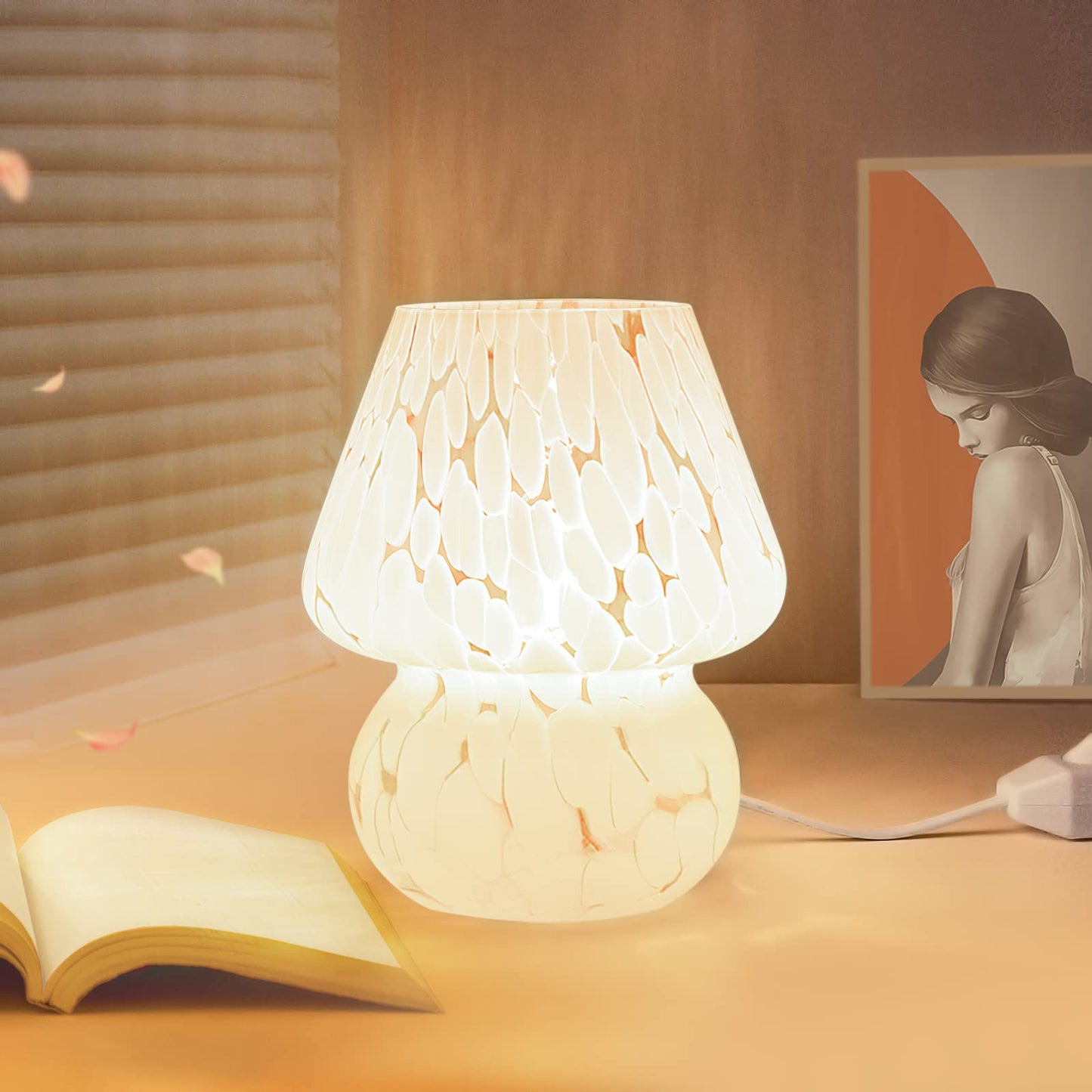 ONEWISH Cute Mushroom Lamp Small Bedside Table Lamp Set of 2 Stepless Dimmable, Translucent Glass White Nightstand Lamp for Bedroom Dorm Kids Room Living Kitchen, Murano Aesthetic Home Decor