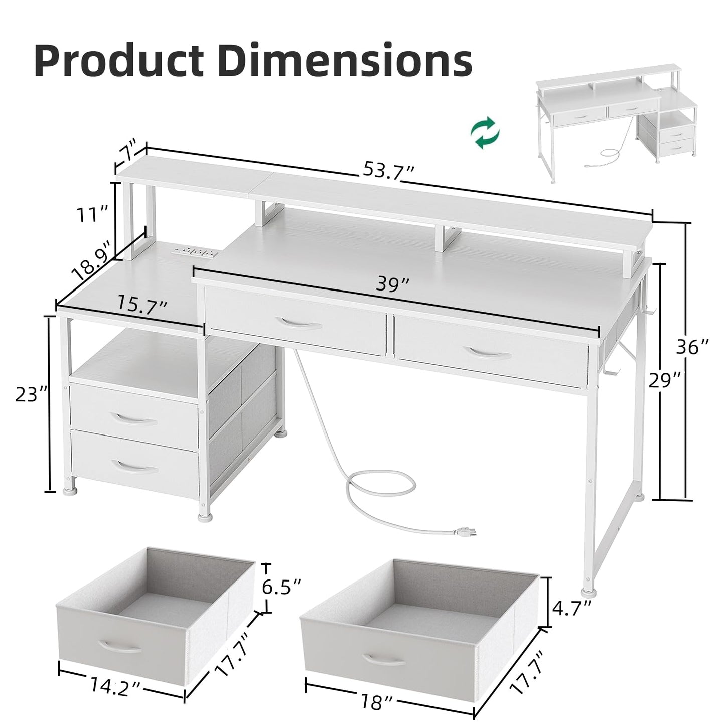 MUTUN 53" Computer Desk with 4 Drawers & Power Outlets, Reversible Home Office Desk with Monitor Stand & Printer Stand, Gaming Desk with Led Lights, Study Writing Work Desk Table for Bedroom (White)
