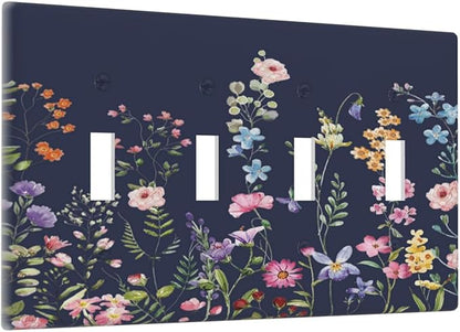 Rustic Wild Floral Darkground Vintage Watercolor Flower Quad Toggle Light Switch Covers Decorative Unique 4 Gang Wall Plate Electrical Faceplate Switchplate for Bedroom Decor