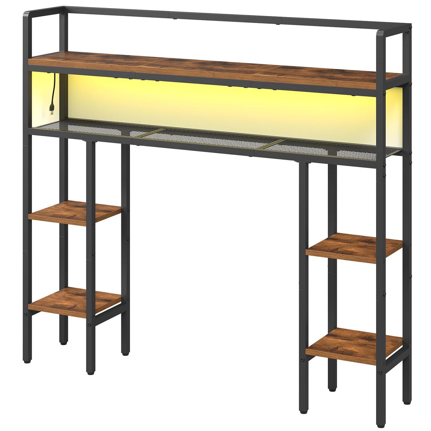 MAHANCRIS Desk Shelf, 43.3" Desk Hutch with Light Strip, Office Desktop Organizer, 5 Tier Desktop Bookshelf for Computer Monitor, Storage Rack for Study, Home Office, Rustic Brown DSHR9801