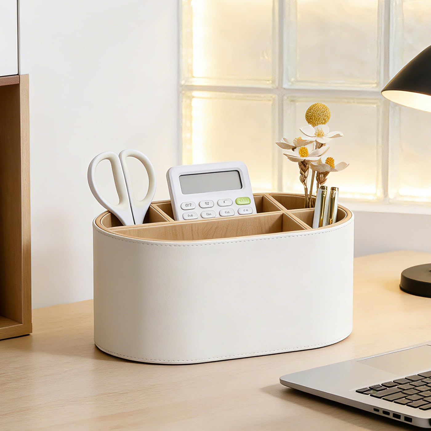 KINGFOM PU Leather Desk Organizer with Multi Compartments, Desktop Caddy Holder for Remote Controls, Pens, Makeup Brushes, Office Accessories (Beige)