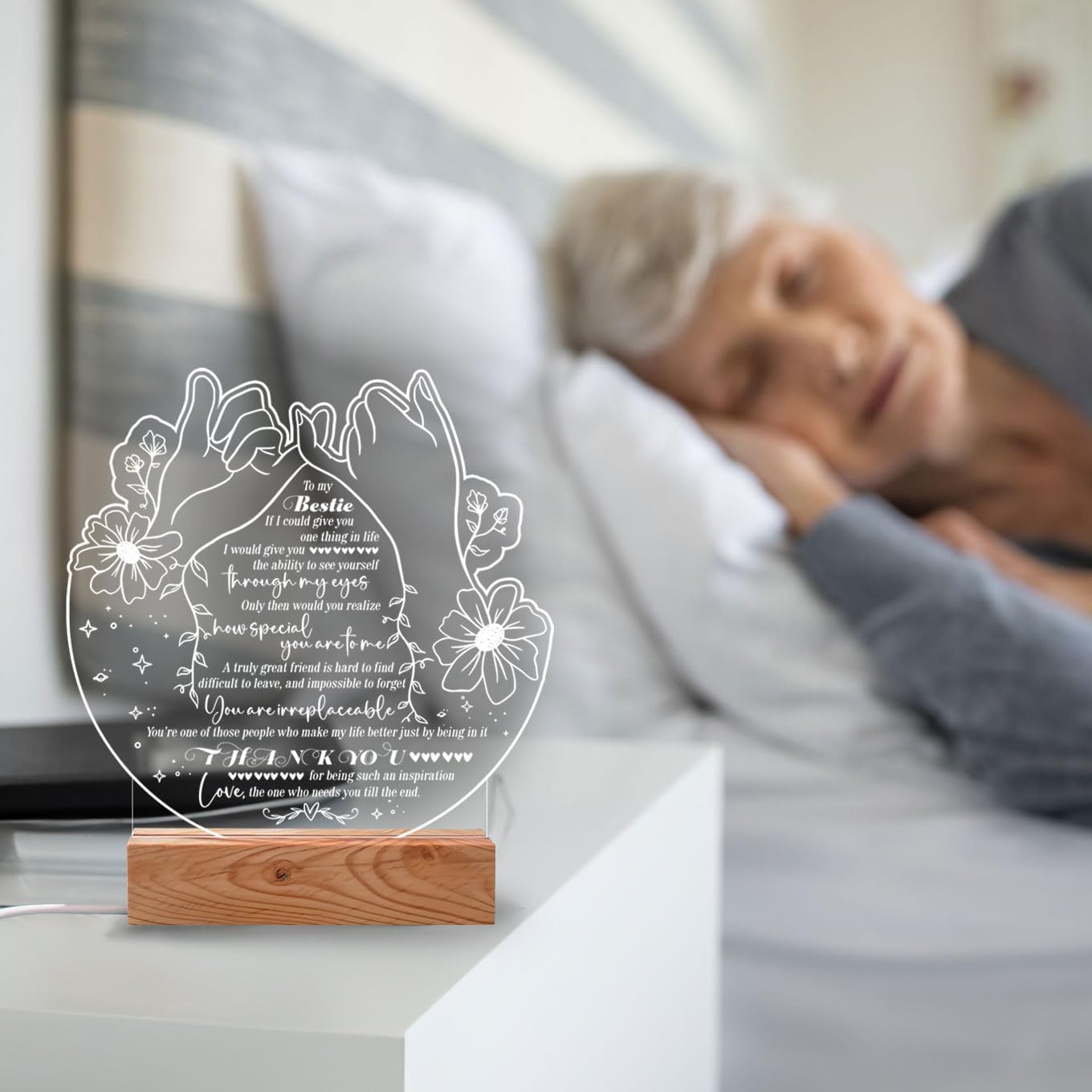 Bestie Gifts Heartfelt LED Night Light for Best Friend - Bestie Birthday Gifts - USB Powered Lamp with Pinky Promise Design and Touching Message - Wooden Base - Perfect Friendship Gift for Home Decor