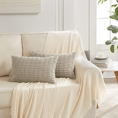 Fancy Homi Taupe Decorative Throw Pillow Covers 14x24 Inch for Living Room Couch Bed Sofa, Rustic Farmhouse Boho Home Decor, Soft Striped Corduroy Square Cushion Case 35x60 cm