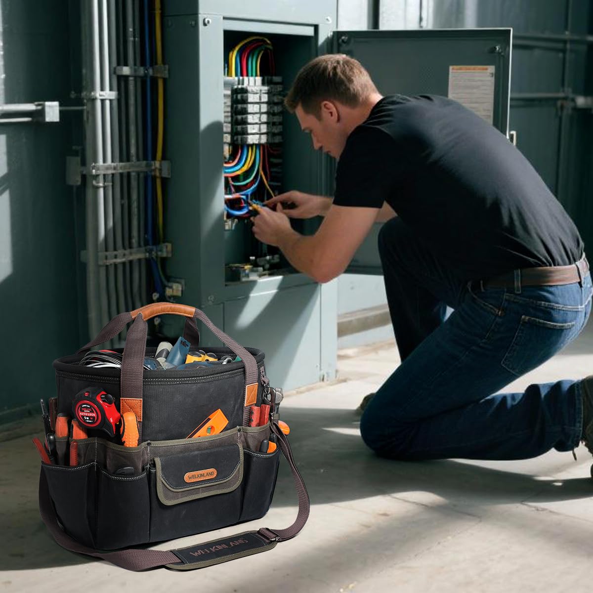 WELKINLAND 42-Pockets Electrician Tool Tote, 16-Inch Open Top Tool Tote, Heavy-Duty Electrician Tool Bag, Waxed-Canvas HVAC Service Bag, Easy-Access Bag For Tools, Stay-Up Tool Bags For Men