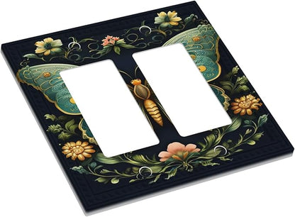 Butterfly Ornate with Flower Dual Outlet Covers Wall Plate 2 Gang Rocker Decora Decorative Switchplate Electrical Faceplate GFCI Light Switch Covers for Farmhouse Living Decor