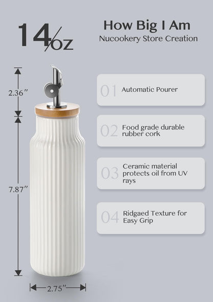 Nucookery Ceramic Olive Oil Dispenser Bottle for Kitchen, 14 oz Opaque Vinegar Dispenser Bottle, Large Capacity Cooking Oil Container for Storage Vinegar, Soy Sauce, Coffee Syrup, White