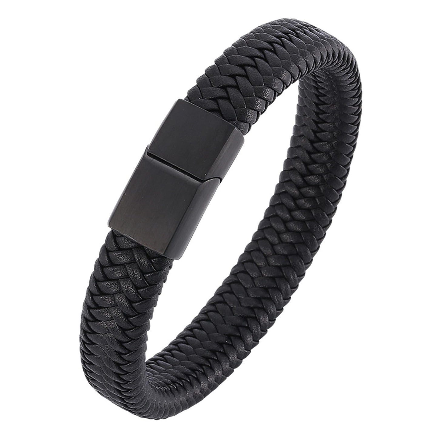 Silverso Men's Leather Bracelet, Stackable Stainless Steel Clasp Bracelets for Men Stylish Birthday, Thanksgiving, Valentine's Day Gift for My Man (7.8" Pure Black)