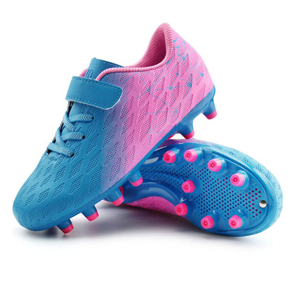brooman Kids Firm Ground Soccer Cleats Boys Girls Athletic Outdoor Football Shoes(3.5,Blue Pink)