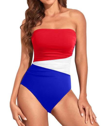 Holipick Women Red White Blue Strapless Bandeau One Piece Swimsuits Tummy Control Bathing Suits Halter Strapless Swimwear XL