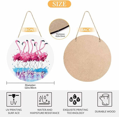 12in Welcome Door Hanger Door Sign Watercolor Pink Flamingo Wood Panel Sign Home Porch Farmhouse Outdoor Indoor Festival Present