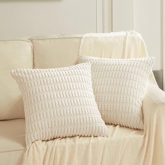 Fancy Homi Boho Decorative Throw Pillow Covers 20x20 Inch for Living Room Couch Bed Sofa, Rustic Modern Farmhouse Home Decor, Soft Corduroy Cream Square Cushion Case 50x50 cm