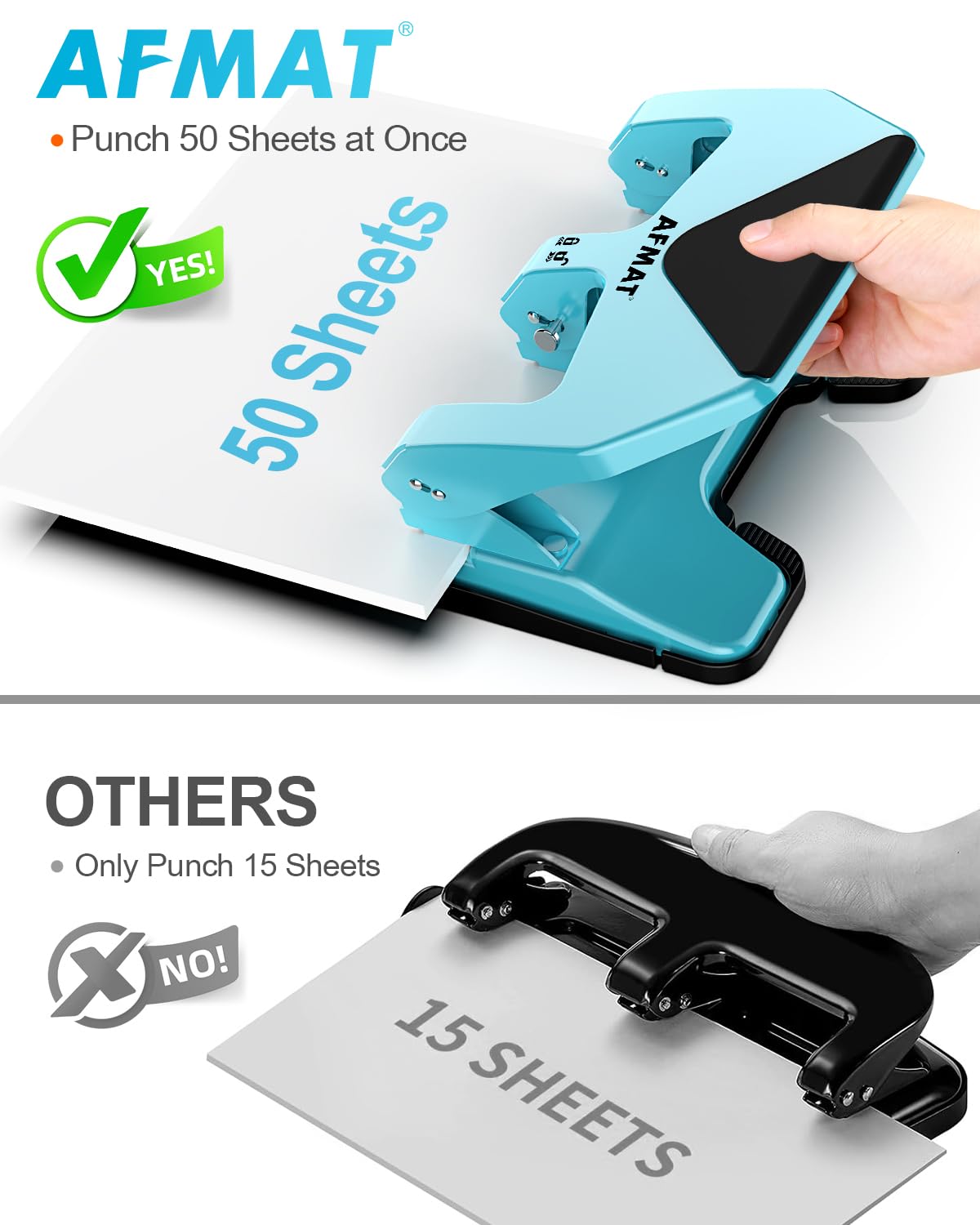AFMAT 3 Hole Punch Heavy Duty, 50-Sheet Three Hole Punch, 50% Reduced Effort, 10,000+ Uses, 9/32" Holes, S.S. Paper Guide, 3 Hole Puncher for Binder, Metal Hole Puncher for Home Office School HP20