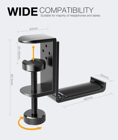 APPHOME New Foldable Headphone Stand Hanger Holder Aluminum Headset Soundbar Stand Clamp Hook Under Desk Space Save Mount, Universal Fit Gaming Headphones, Black