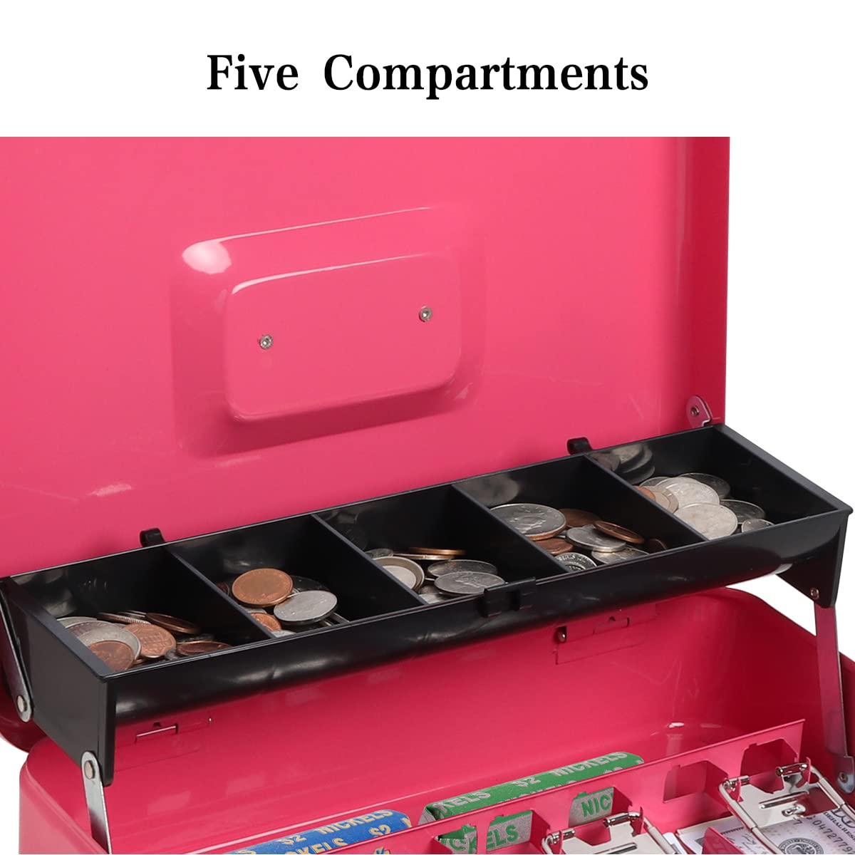 Parrency Cash Box with Key Lock, Lock Box Safe Storage Security Locker with Security Cable, Durable Metal Cash Box with Money Tray, 11.8" x 9.5" x 3.5", K-Soft Pink
