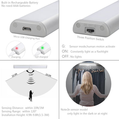 Moston 10 LED Magnetic Motion Sensor Wardrobe Closet Lights,Auto On/Off Under Cupboard Cabinet Lighting,Rechargeable Battery Powered Sensing Night Light,Stick-on Anywhere (Silver Aluminium,2 Pack)