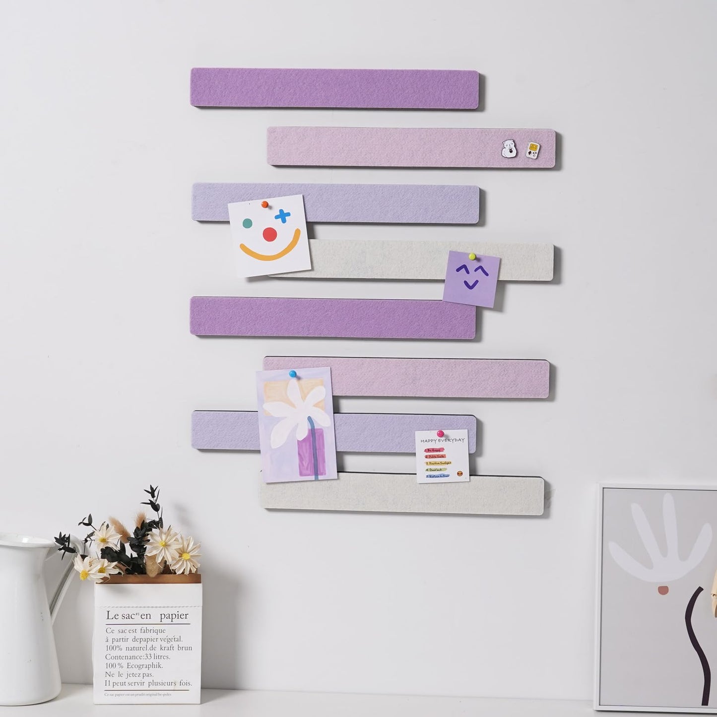 Afumazi 8Pcs Felt Board Tile Bulletin Board Bar Strip for Wall, Self-Adhesive Memo Pin Board with 24Pushpins, Corkboard Strip for Office Home Classroom(Pink)