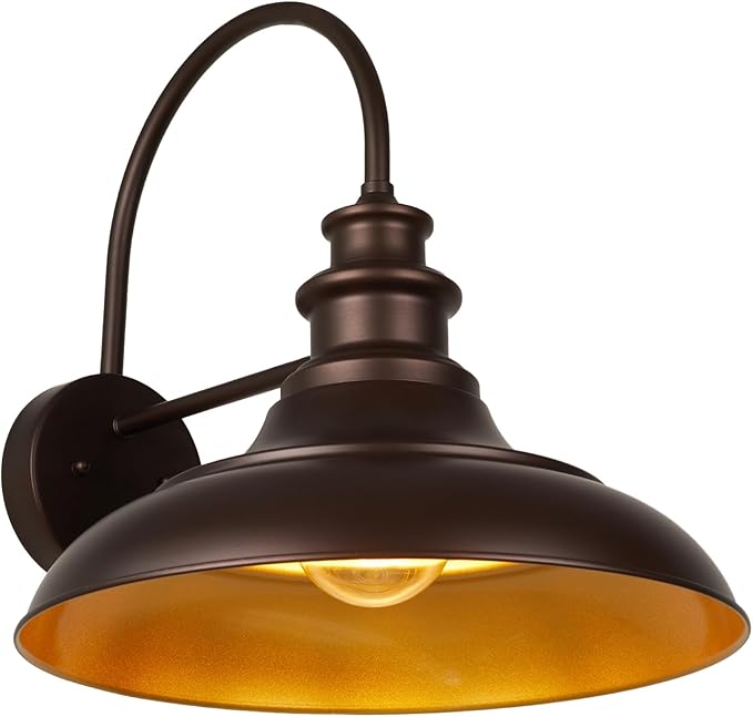Outdoor Barn Light Fixture, 16 Inch Large Dome Farmhouse Exterior Wall Mount Light, Rustic Gooseneck Wall Sconce Indoor Wall Lighting Fixture, Industrial Bronze Gold Lantern for Porch, 1 Pack