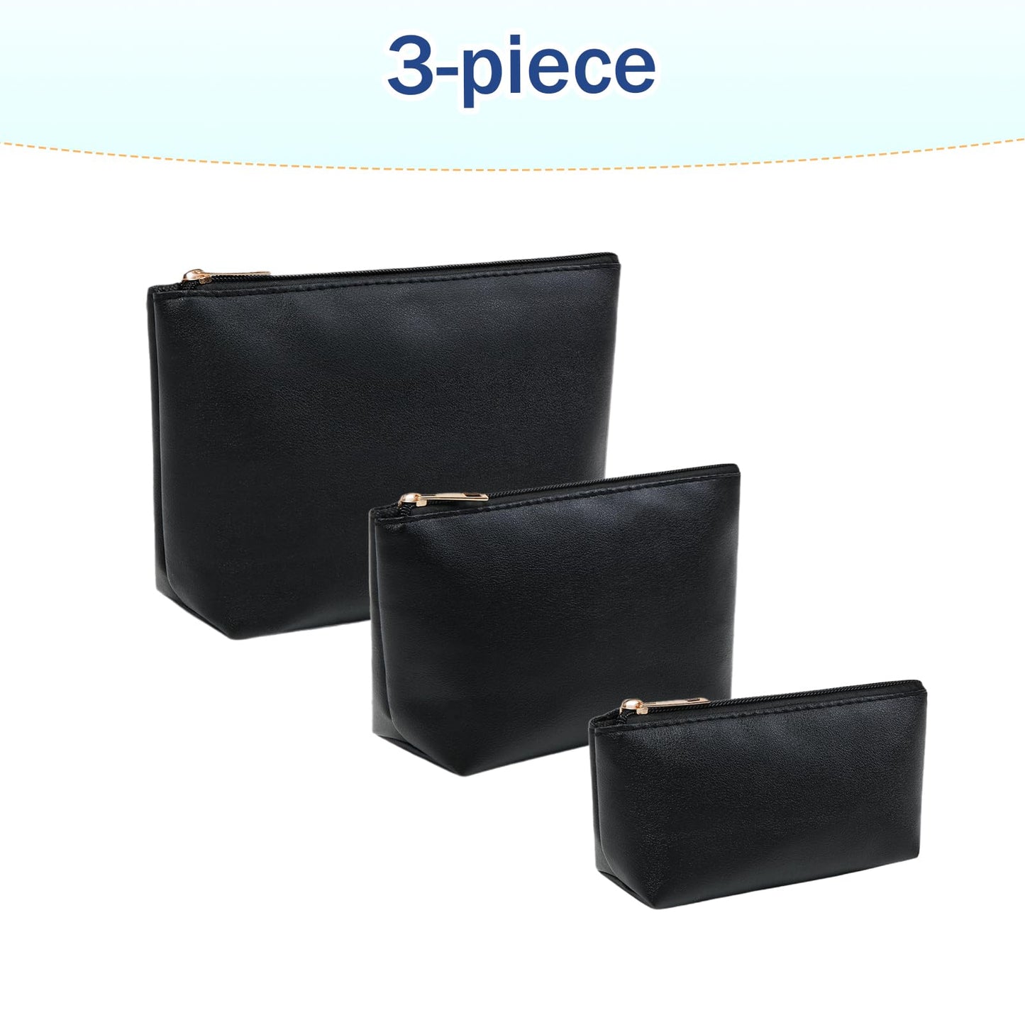 lllyan 3 Pcs Makeup Bag Set for Women Black Soft Leather Travel Cosmetic Bag Make Up Pouch Small Travel Zipper Pouch,Water-resistant Makeup Organizer Bag for Women（Flat black）