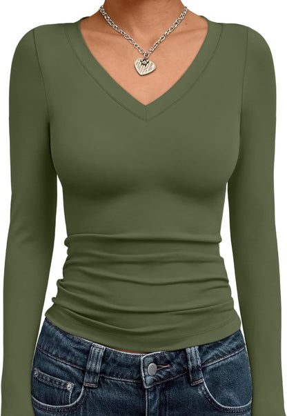 Trendy Queen Long Sleeve Shirts for Women 2025 Fall Fashion V Neck Basics Crop Tops Slim Fitted Y2K Tops Outfits Clothes