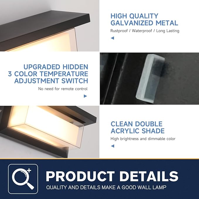 Exterior Wall Lighting,15%-100% Dimmable Indoor Wall Light Fixtures,3000K/4000K/6500K Adjustable,24W Outdoor Porch Light,Waterproof Outdoor Modern Wall Sconce Lights,2160LM Indoor Wall Sconce 4 Pack
