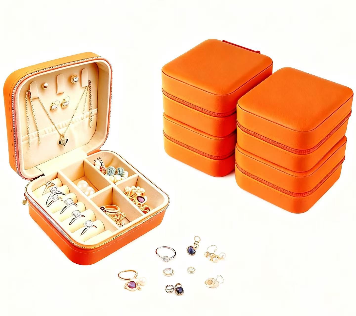 SMUVSMU 4 Pcs Travel Jewelry Box, Travel Mini Jewelry Organizer, Portable Mini Leather Jewelry Case Organizer for Earrings and Necklaces, for Women Girls,Orange