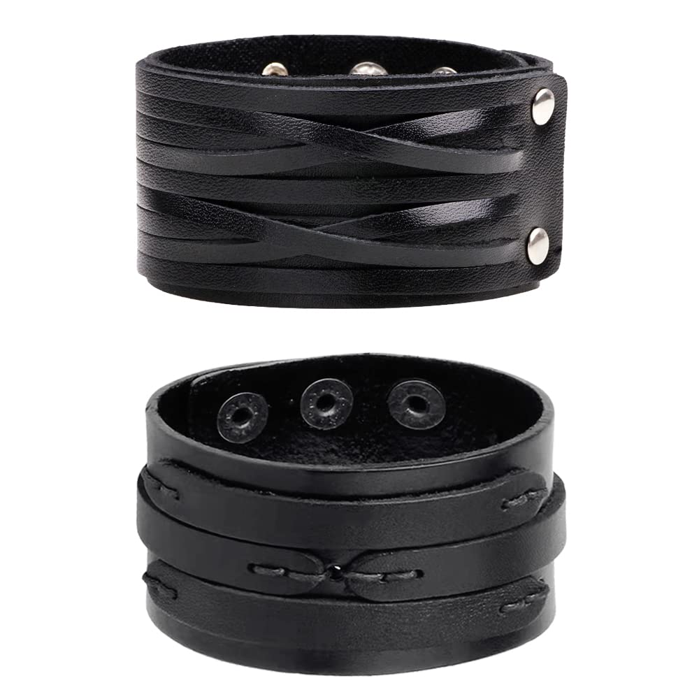 NIGHTCRUZ Punk Leather Cuff Bracelet, 2PCS Vintage Leather Wristband for Men Women