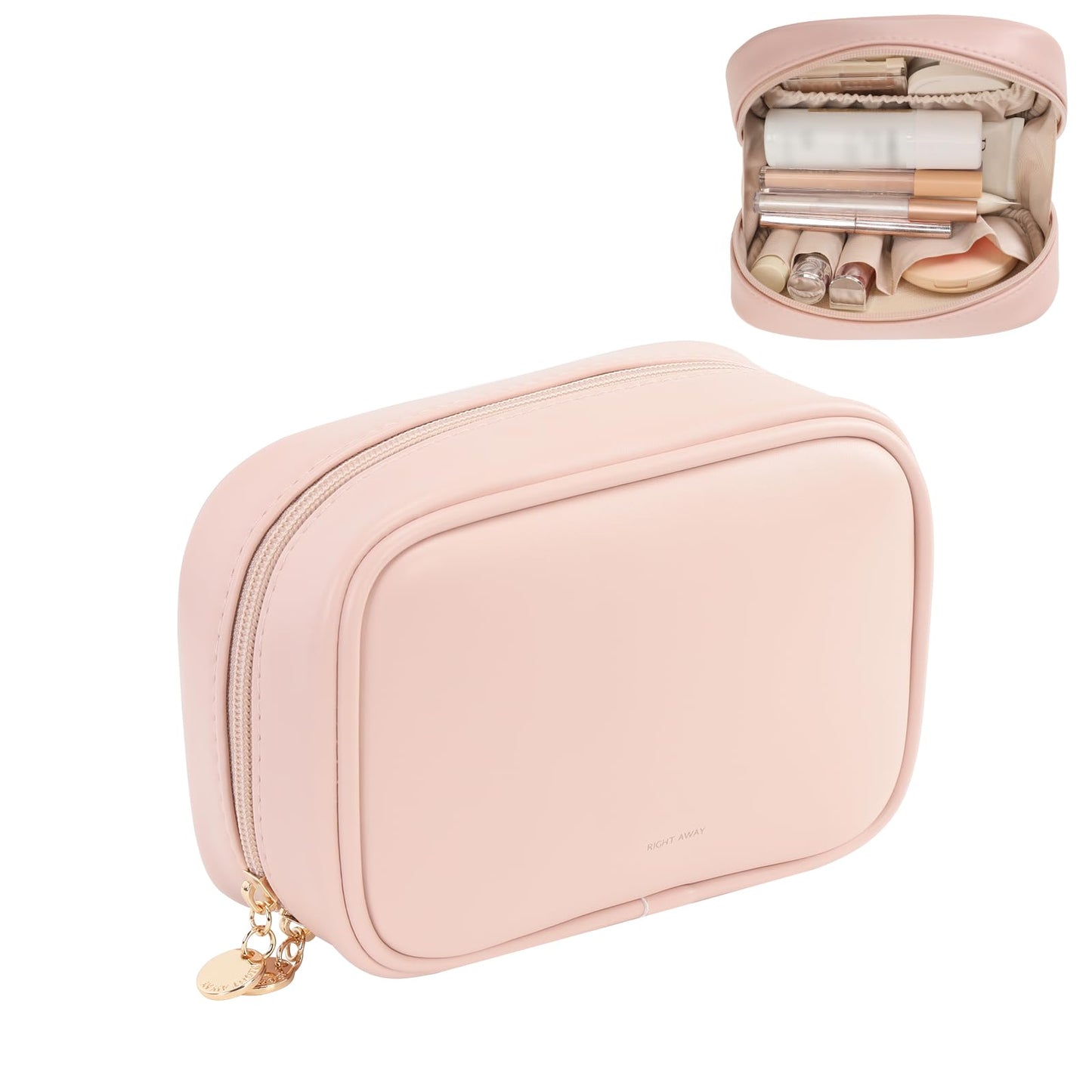 RIGHT AWAY Small Makeup Bag for Purse,Cosmetic Bag Organizer for Women,Waterproof PU Leather Make Up Pouch Toiletry Bag with Pockets,Portable Makeup Case for Travel Accessories&Accessories(Pink)
