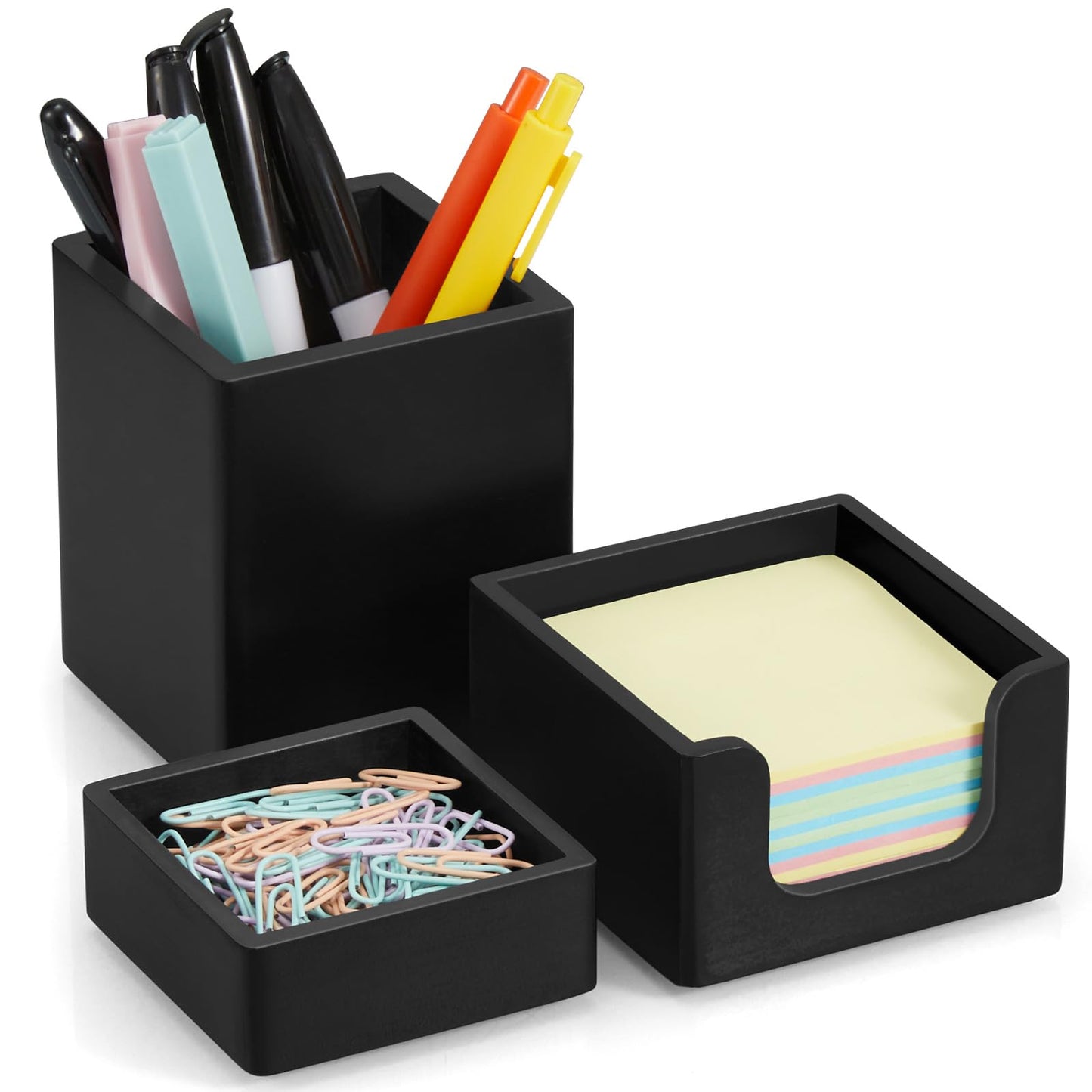 CMLKLZD Black Desk Organizer Set of 3 - Wood Office Desk Accessories - Desk Organizers and Accessories for Women Men - Set incl. Pencil Pen Holder, Paperclip Storage and Sticky Note Holder