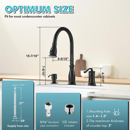 APPASO 3 Hole Kitchen Faucet with Pull Down Sprayer, Kitchen Faucets with Soap Dispenser, 3 Pieces Kitchen Sink Faucet with Separate Handle, Matte Black Kitchen Faucet 3 Hole, 218MB