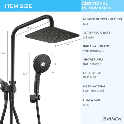 Ryamen Dual Shower Head Combo, 8'' High Pressure Rain Shower Head with Handheld Spray, 6+1 Spray Settings Handheld Showerhead, Height Adjustable, One-touch Pause Button, Matte Black