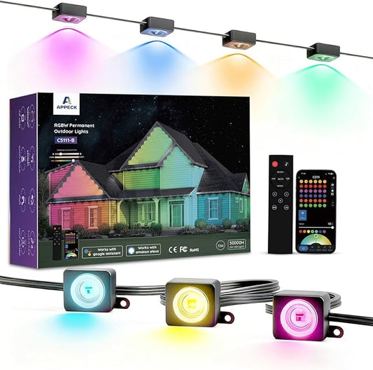 APPECK Permanent Outdoor Lights 200ft with 144 LED Lights, 72W Smart RGBW Eaves Lights, DC 36V, 40LM, IP67 Waterproof String Lights for Halloween Christmas Decor, Compatible with Alexa, Black