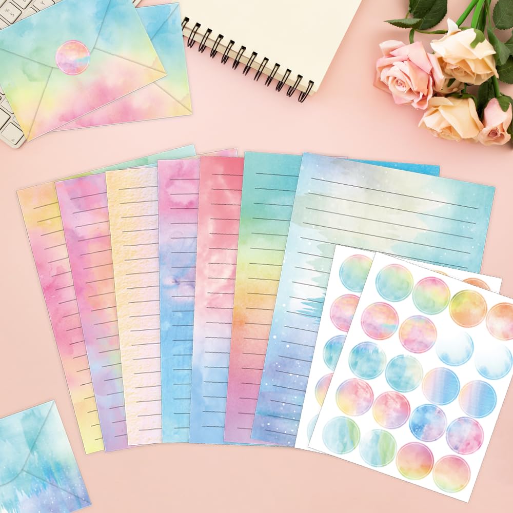 FUNCLASS Stationary Letter and Envelopes, 160 Pcs Watercolor Stationary Set with 50 Lined Stationery Paper 50 Envelopes, 5.5 x 8.25 Inches Cute Stationary, Gifts for Kids, Girls
