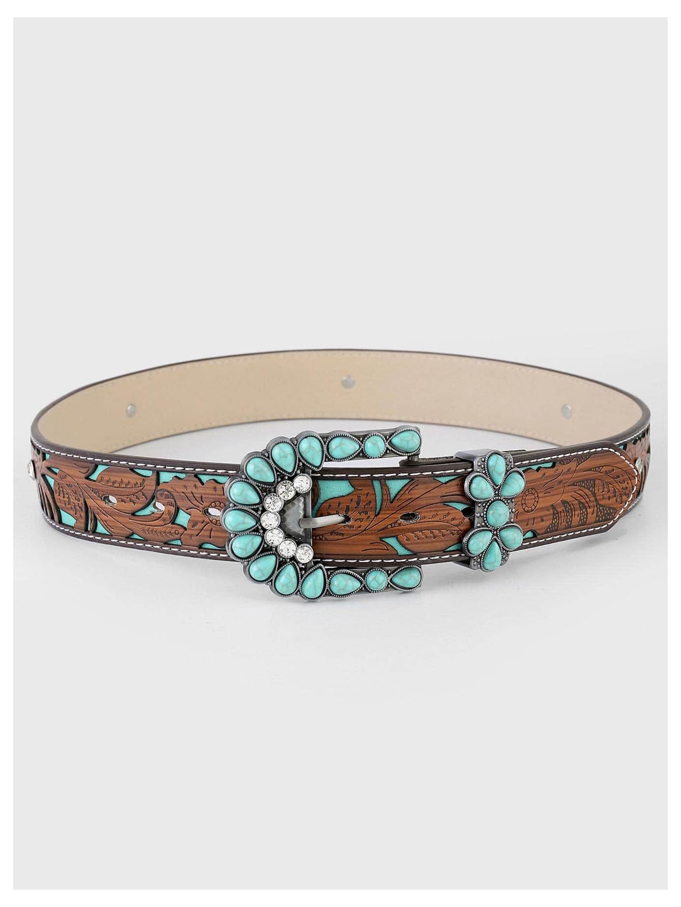 GORGLITTER Women's Turquoise Belt Leather Western Belts Embossed Waist Country Belts for Jeans Pants Brown suit waist size:29.5-33.5"