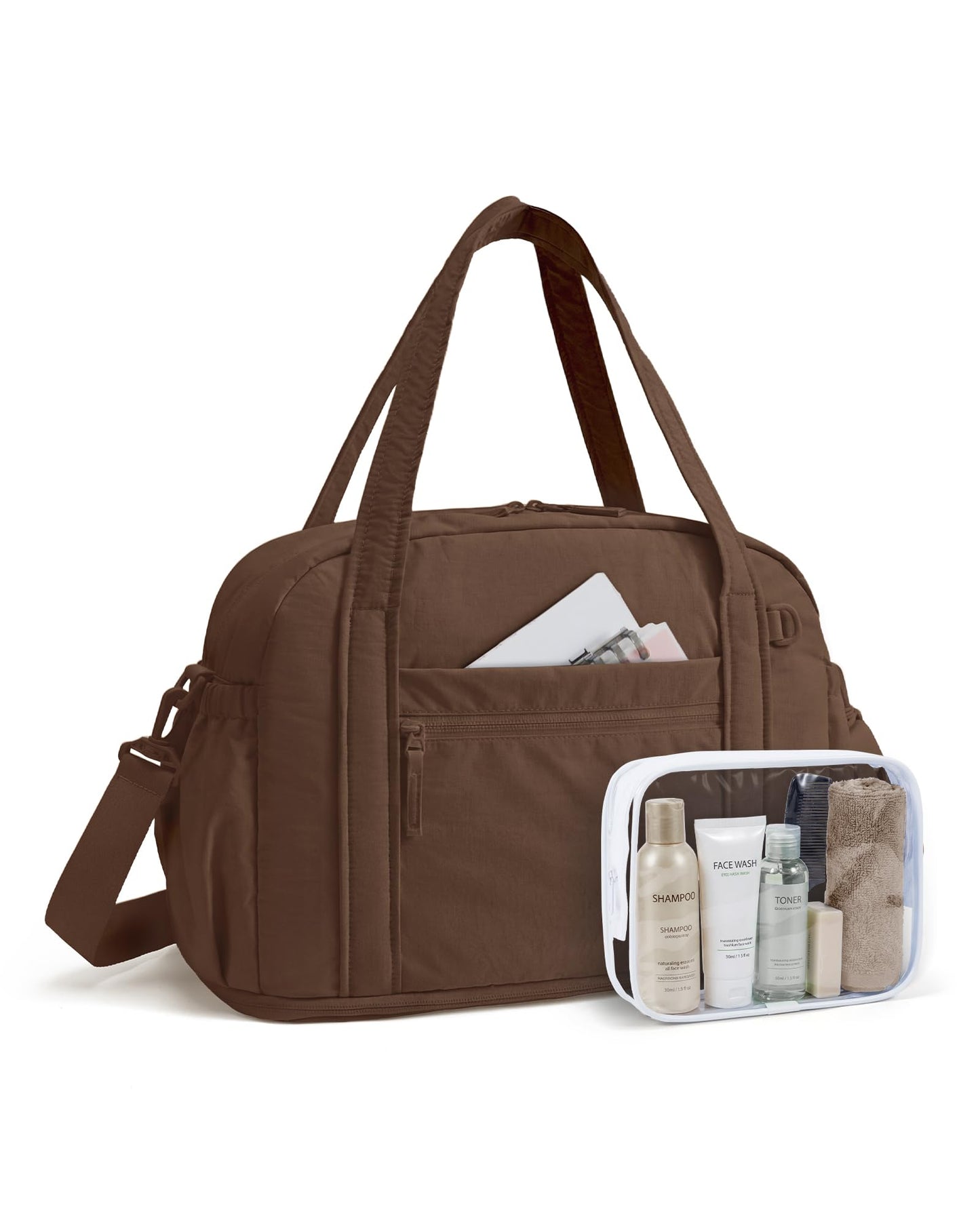 BAGSMART Expandable Personal Item Travel Bag, Lightweight Gym Bag for Women, 24L Weekender Travel Duffle with Toiletry Bag, Carry on Overnight Duffel, Chocolate