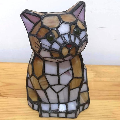 Bieye L10211 Cute Cat Waits for Someone to Play with Tiffany Style Stained Glass Accent Table Lamp Night Light for Home Decoration (One Cat, Yellow)