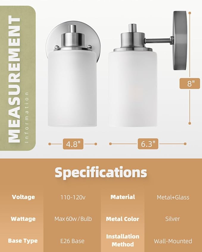 2 Pack Modern Elegant Wall Sconces Bath Vanity Light Fixtures Wall Mounted Lighting Brushed Nickel White Frosted Glass Shade