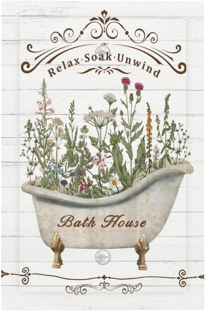 Rustic Farmhouse Wooden Board Botanical Flower 1 Gang Light Switch Cover No Device Wall Plate Decorative Single Blank Switchplate Electrical Faceplate for Bathroom Bedroom Art Panel Decorate