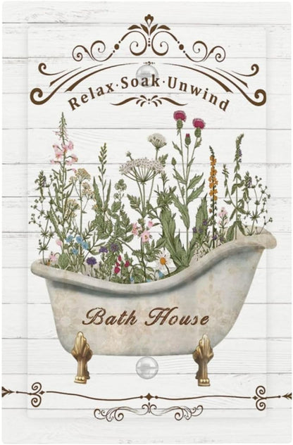 Rustic Farmhouse Wooden Board Botanical Flower 1 Gang Light Switch Cover No Device Wall Plate Decorative Single Blank Switchplate Electrical Faceplate for Bathroom Bedroom Art Panel Decorate