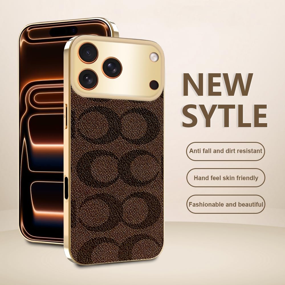 Sriyso Designer Case for iPhone,Luxury Classical Vintage Leather for Women Girl,Camera Protection,Electroplating Frame Anti-Fingerprint Military Grade Drop Shockproof Cover（Gold,iPhone 16 Plus