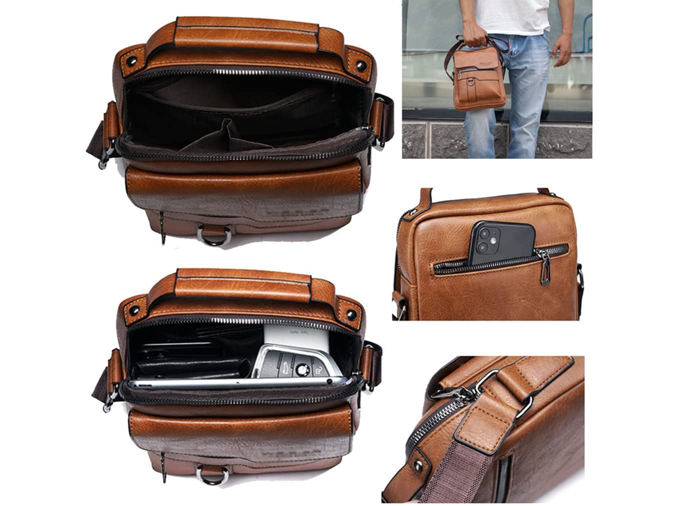 Hjkiopc Zipper Buckle Leather Messenger Bag Vintage Handle Bags (Red-brown)