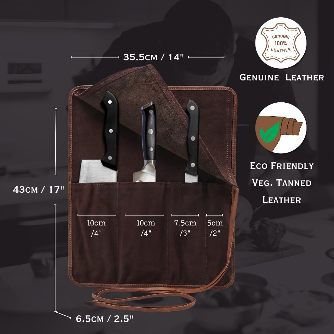 Autentico Genuine Buffalo Leather Small Knife Case Holder Chef's Knife Roll Holder Cutlery Sheath Carrying Case Organizer Storage Bag Travel Friendly Artist Gift for Men & Women Teak