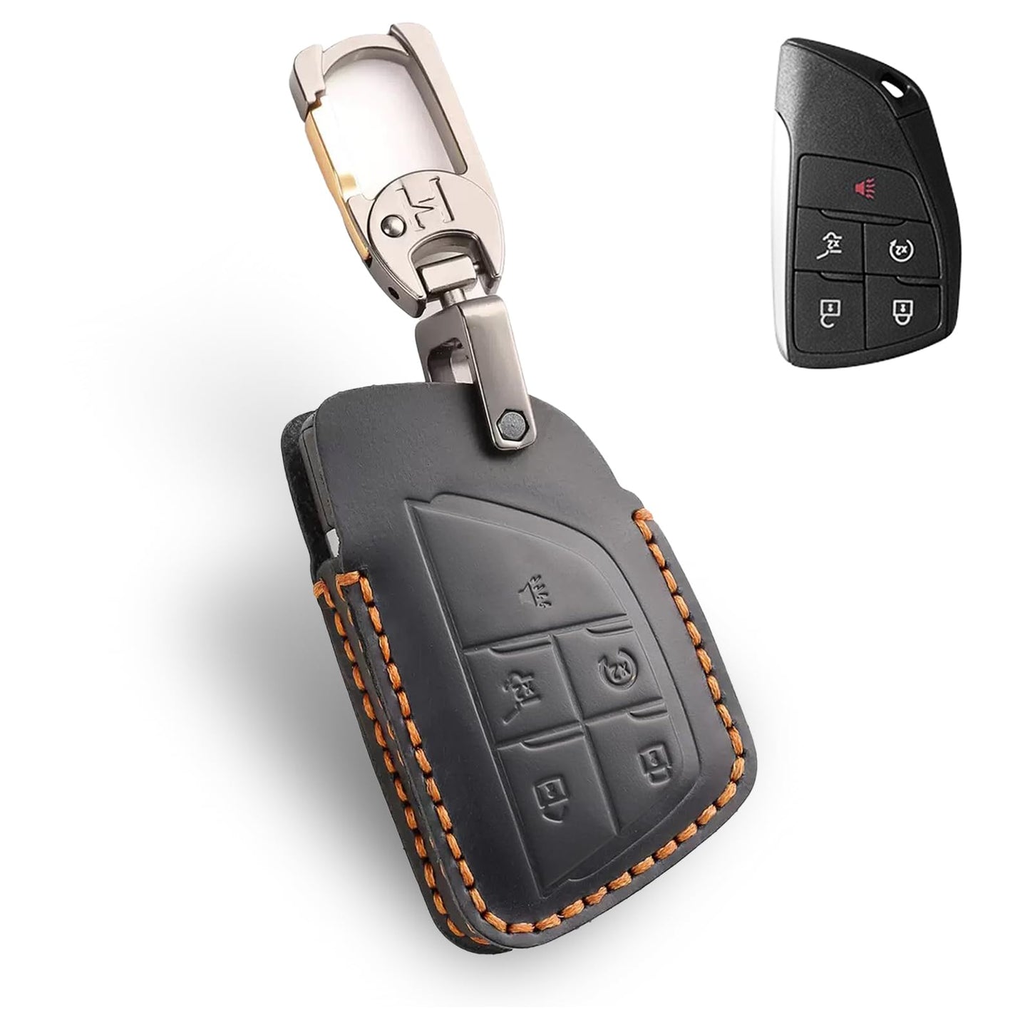 Leather Key Fob Cover for Chevy, Retro Smart Fob Protection Case Compatible with 2021 2022 2023 2024 2025 Chevy Tahoe Suburban GMC Yukon Denali Sierra Silverado Buick (Black, 5 Buttons)
