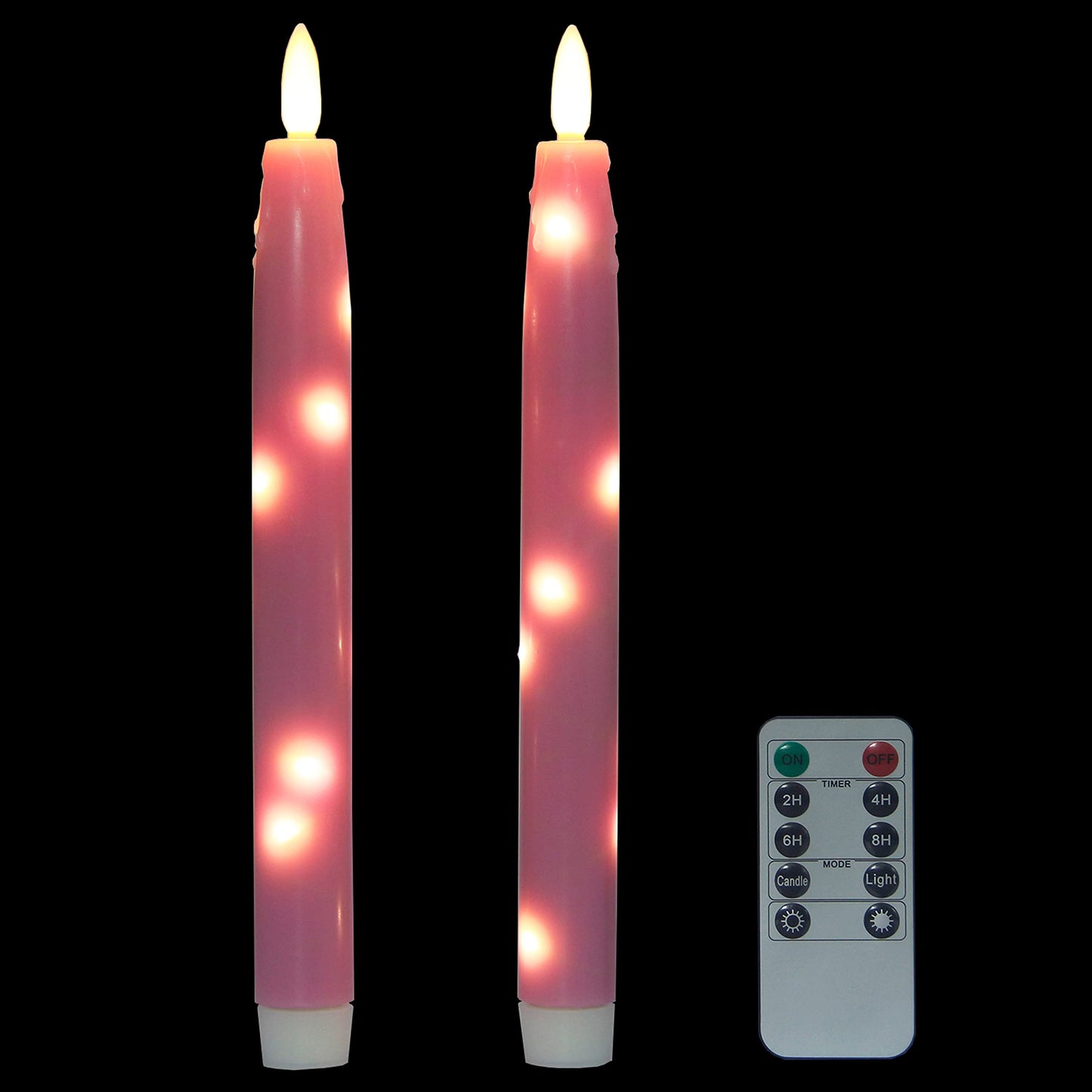 HVTDECOR Flameless Flickering Taper Candles Battery Operated with Embedded String Lights, wtih Timer and Remote, LED Real Wax Tapered Dinner Candle Set of 2 (Pink)