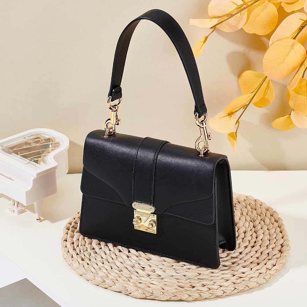 PH PandaHall 15 Inch Short Purse Strap, 1.1 Inch Wide Genuine Leather Bag Strap Black Bag Handles Replacement Puse Handles for Women Men DIY Underarm Bag Handbag Shoulder Bag, Golden Hardware