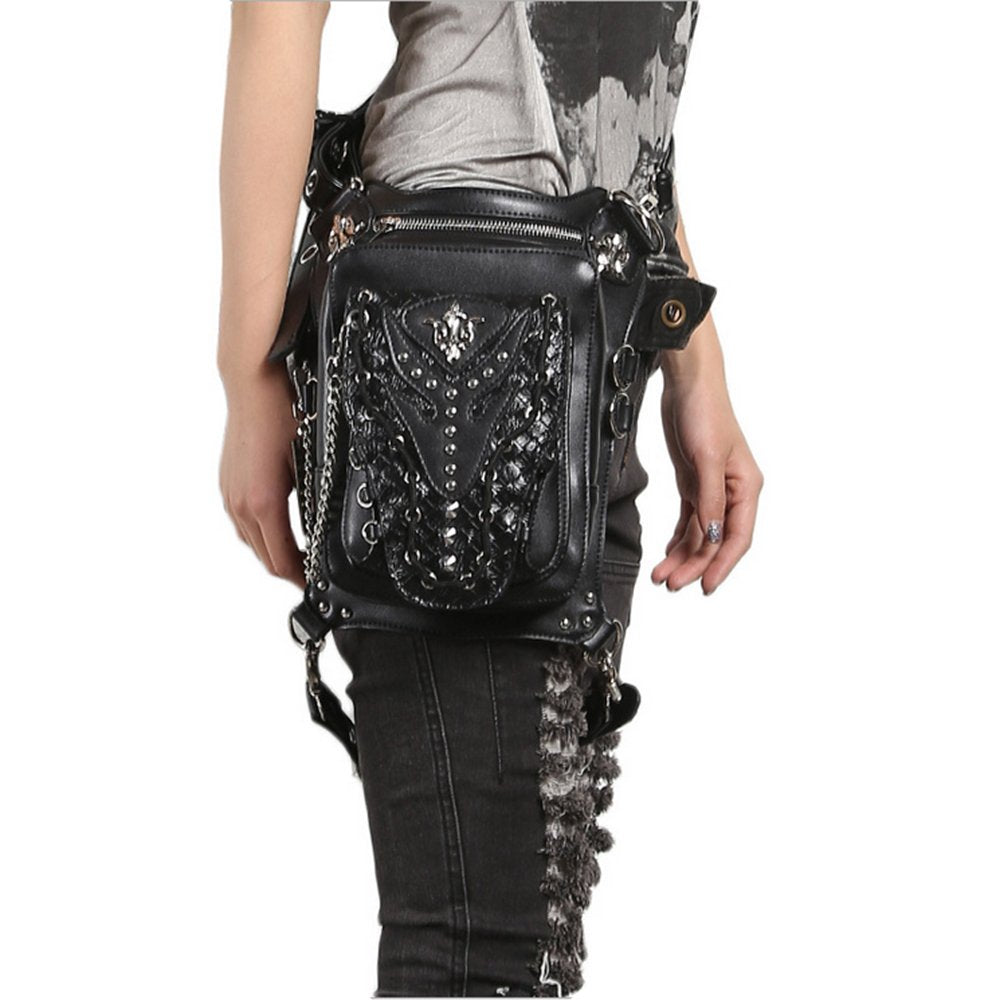 Chikencall Gothic Steampunk Waist Bag Drop Leg Arm Pack Waist Shoulder Fanny Pack Purse Pouch Black