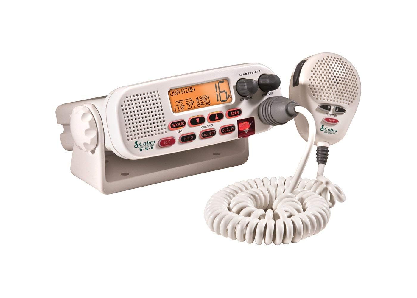 Cobra MR F45-D Fixed Mount VHF Marine Radio – 25 Watt VHF, Submersible, LCD Display, Noise Cancelling Microphone, NOAA Weather Channels, Signal Strength Meter, Scan Channels, White