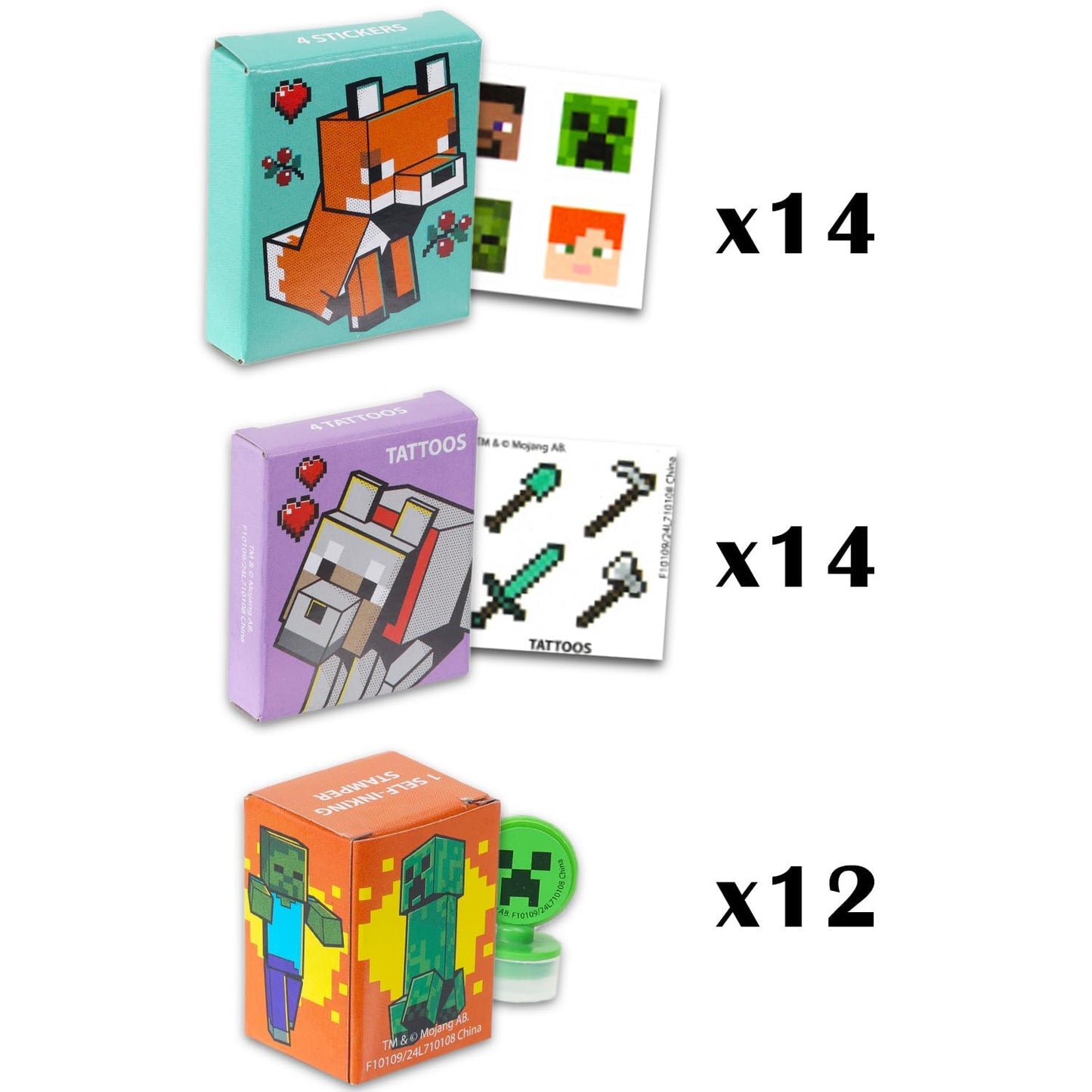 Minecraft Party Favor Boxes Set - Bundle with 40 Minecraft Stickers, Tattoos, Stampers for Easter Basket Fillers and More