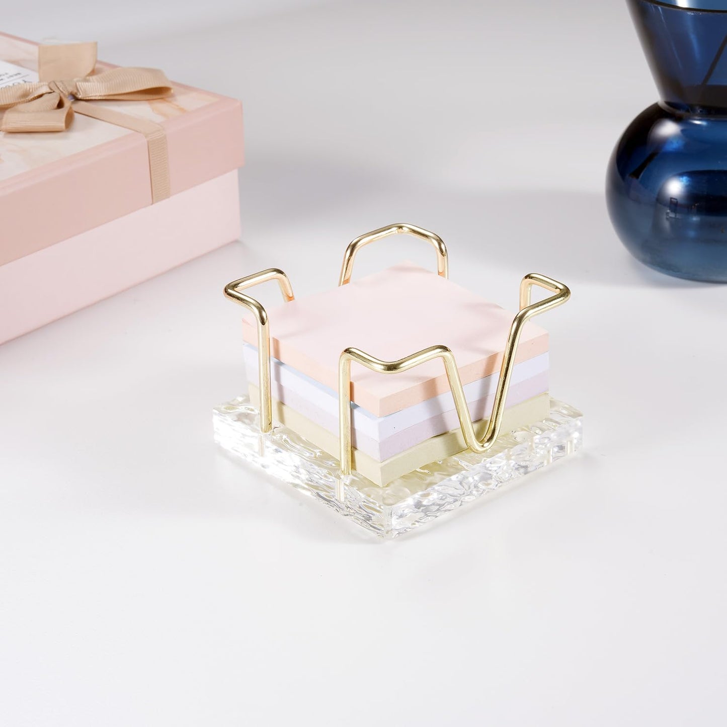 Acrylic Sticky Note Holder, 3 x 3 inch Self-Stick Note Memo Pad Holder for Desk, Notepad Dispenser Organizer for School Office Home, Gold
