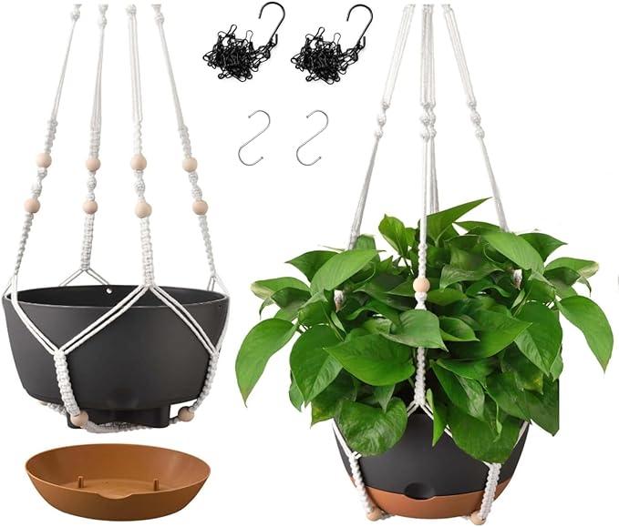 10 Inch Hanging Planters for Indoor & Outdoor Use (2 Pack) - Self-Watering & Drainage Flower Pots with Chain & Macrame Hangers (Deep Gray, 10 in)